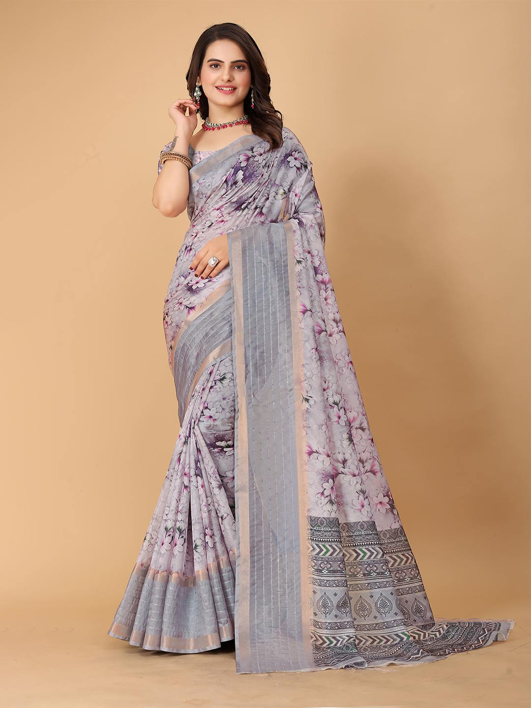 

SHAYRI Floral Printed Maheshwari Saree, Grey