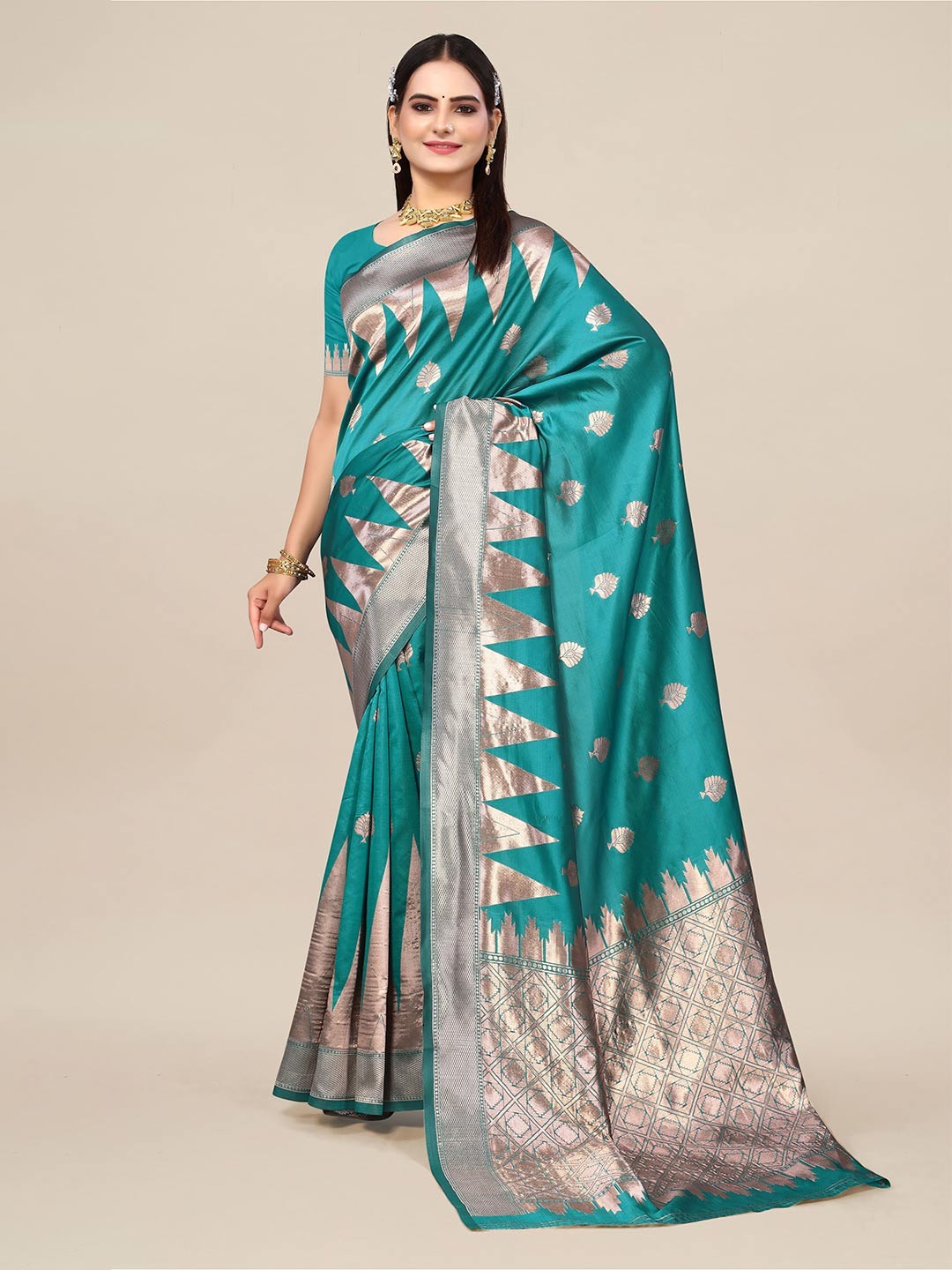 

SHAYRI Abstract Printed Woven Design Banarasi Saree, Teal