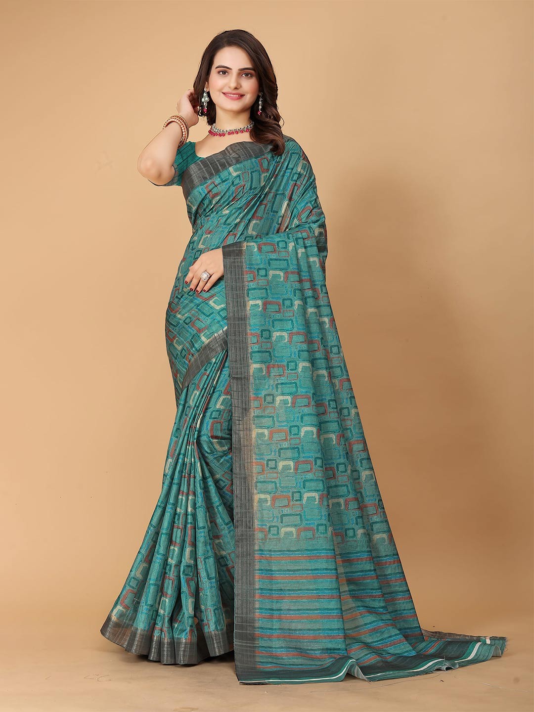 

SHAYRI Abstract Printed Maheshwari Saree, Turquoise blue