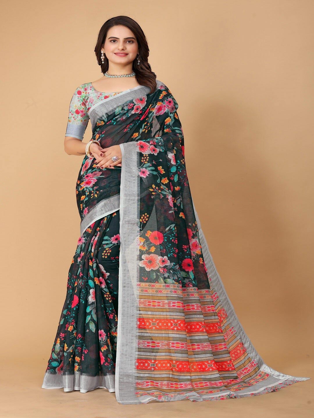 

SHAYRI Floral Printed Maheshwari Saree, Green