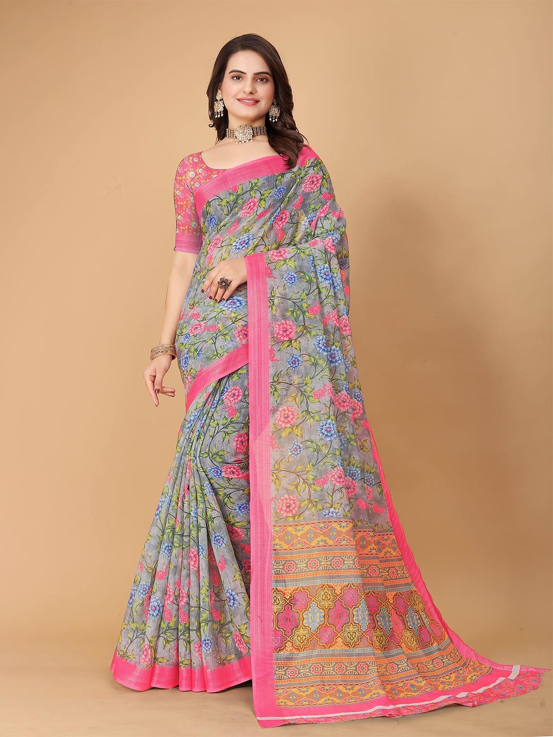 

SHAYRI Floral Printe dMaheshwari Saree, Grey
