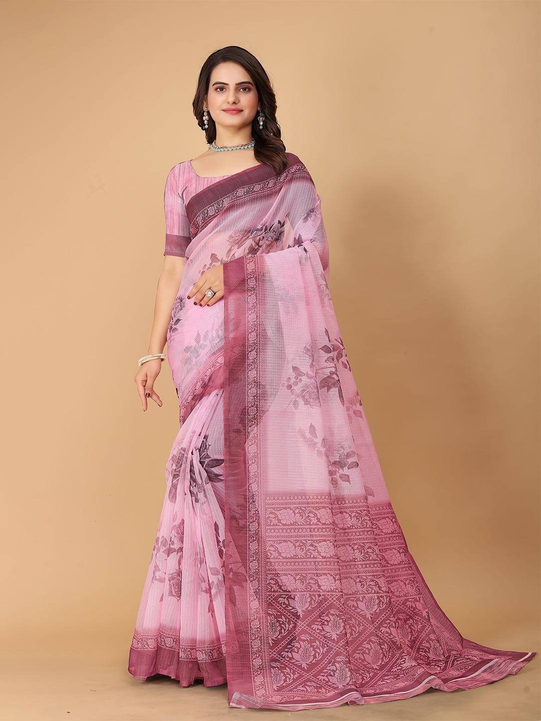 

SHAYRI Floral Printed Maheshwari Saree, Pink