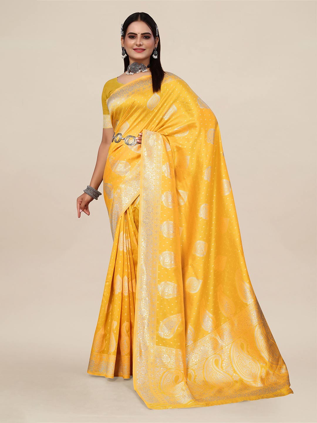 

SHAYRI Ethnic Motifs Woven Design Banarasi Saree, Yellow