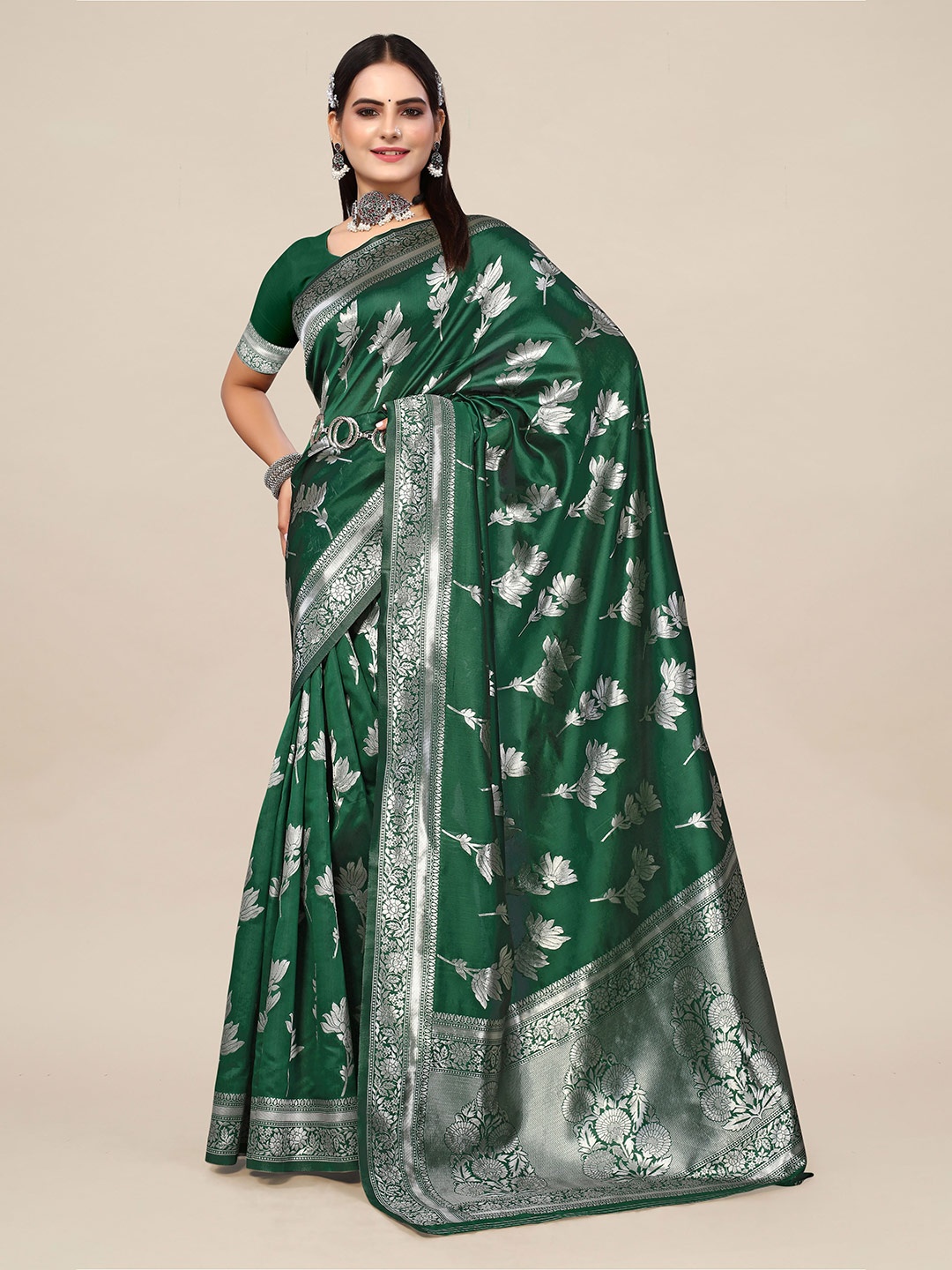 

SHAYRI Ethnic Motifs Woven Design Banarasi Saree, Green