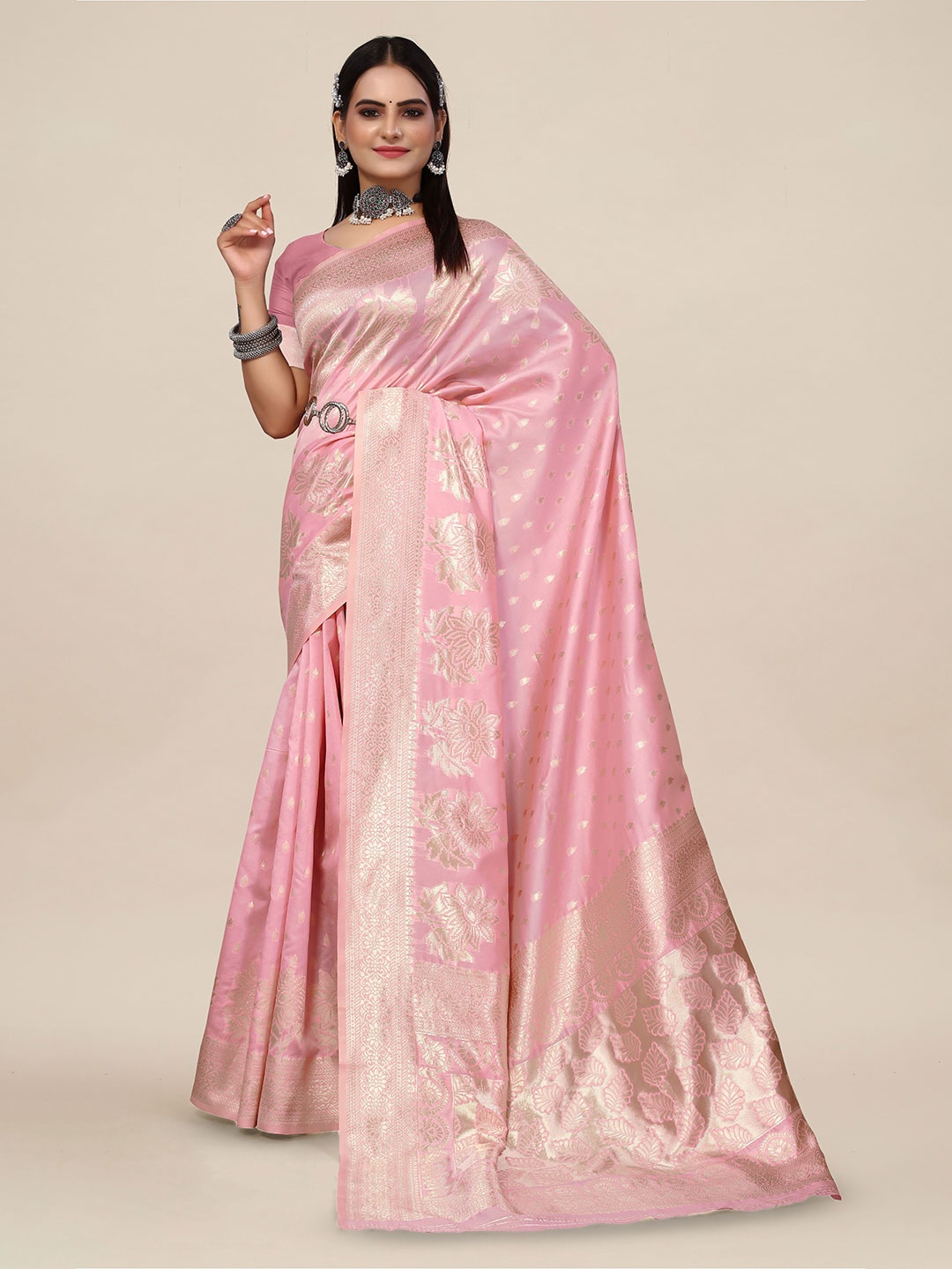 

SHAYRI Floral Printed Woven Design Banarasi Saree, Pink