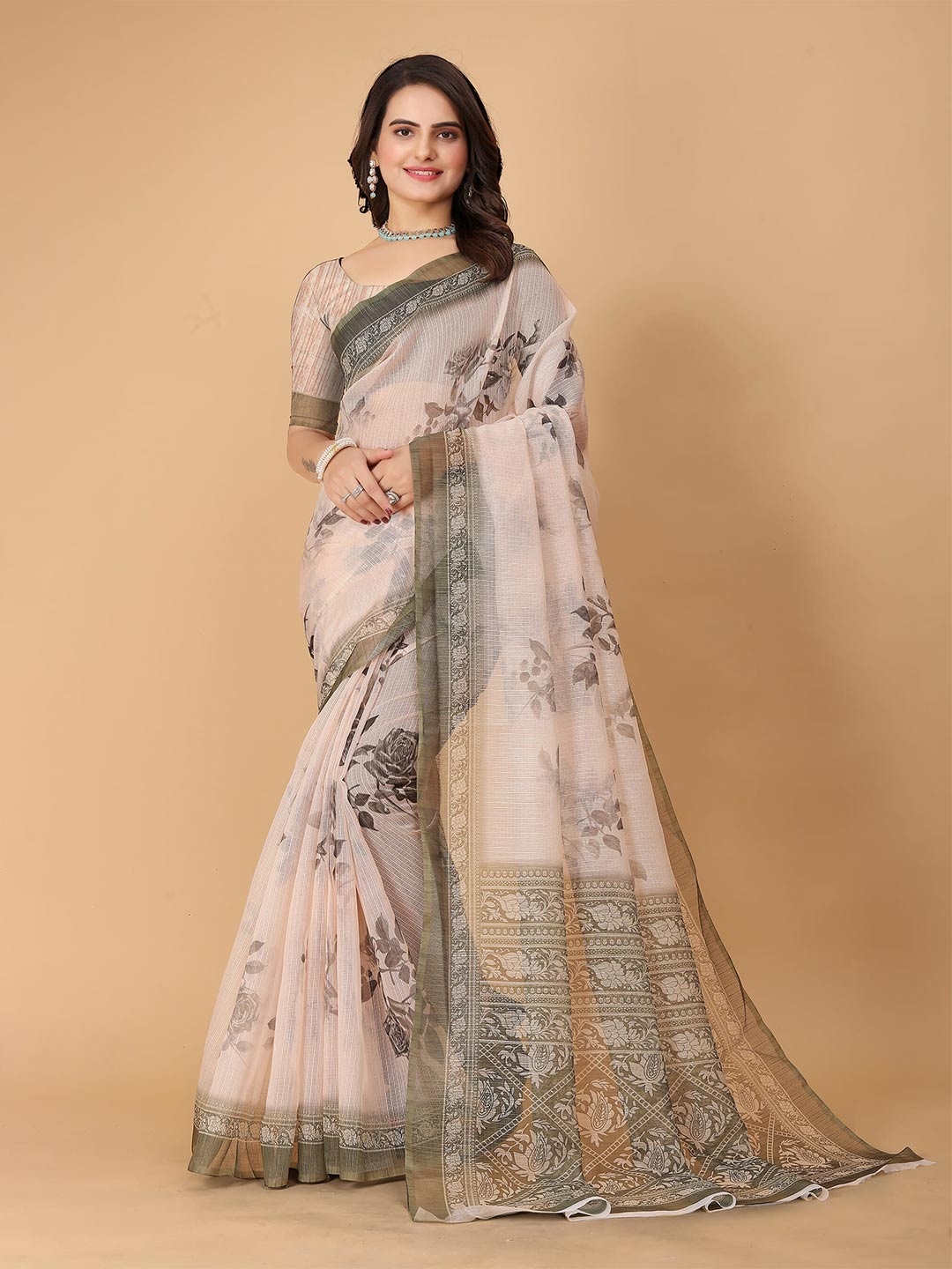 

SHAYRI Floral Printed Maheshwari Saree, Cream
