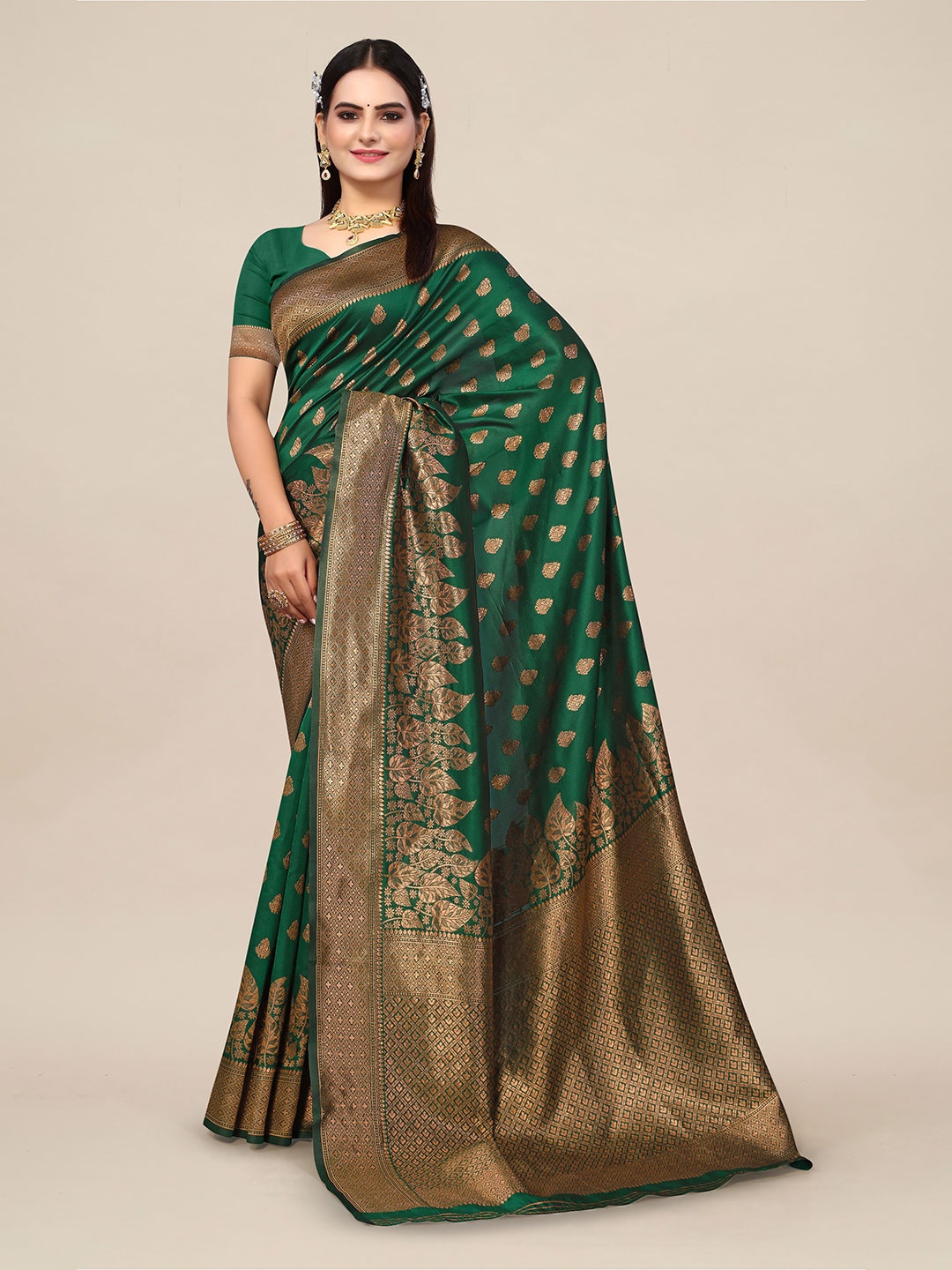 

SHAYRI Ethnic Motifs Woven Design Banarasi Saree, Green