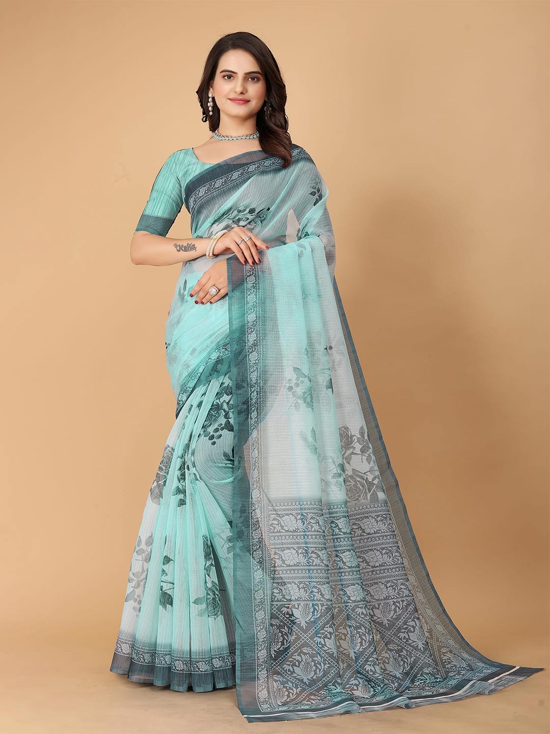 

SHAYRI Floral Printed Maheshwari Saree, Blue
