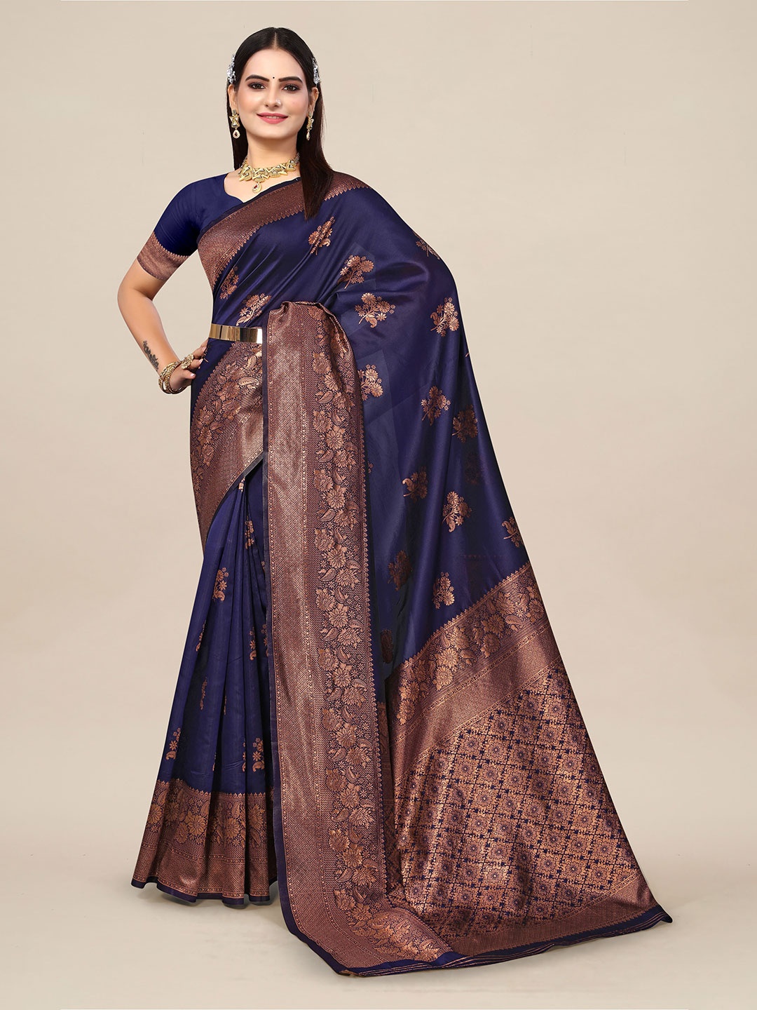 

SHAYRI Floral Printed Zari Banarasi Saree, Navy blue