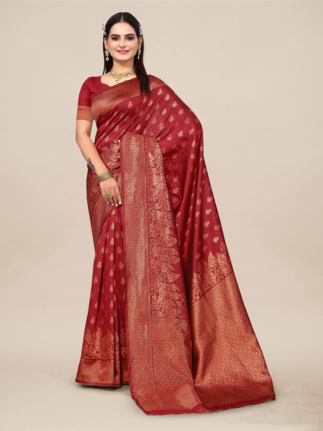 

SHAYRI Ethnic Motifs Zari Banarasi Saree, Maroon