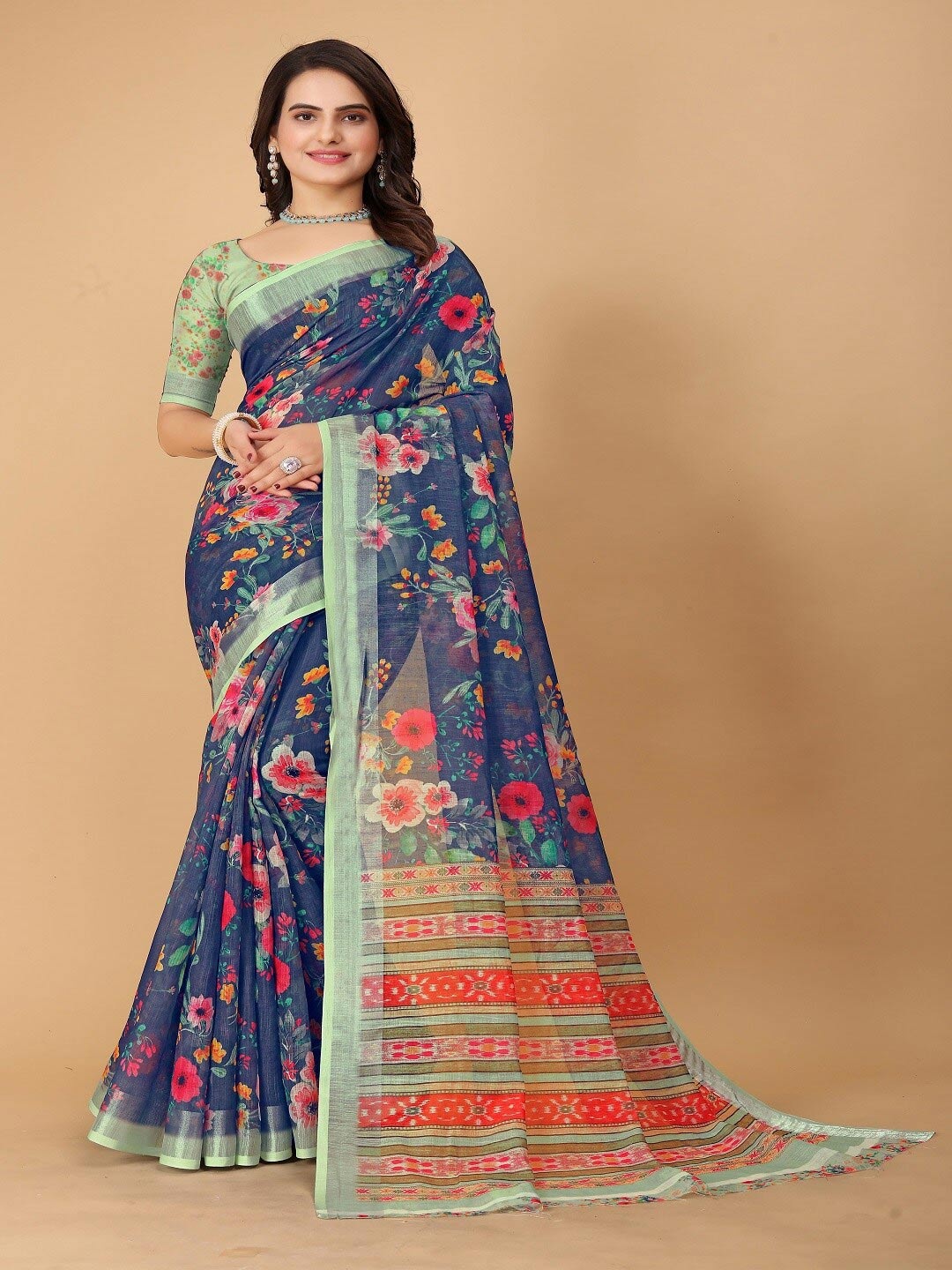 

SHAYRI Floral Printed Zari Maheshwari Saree, Blue