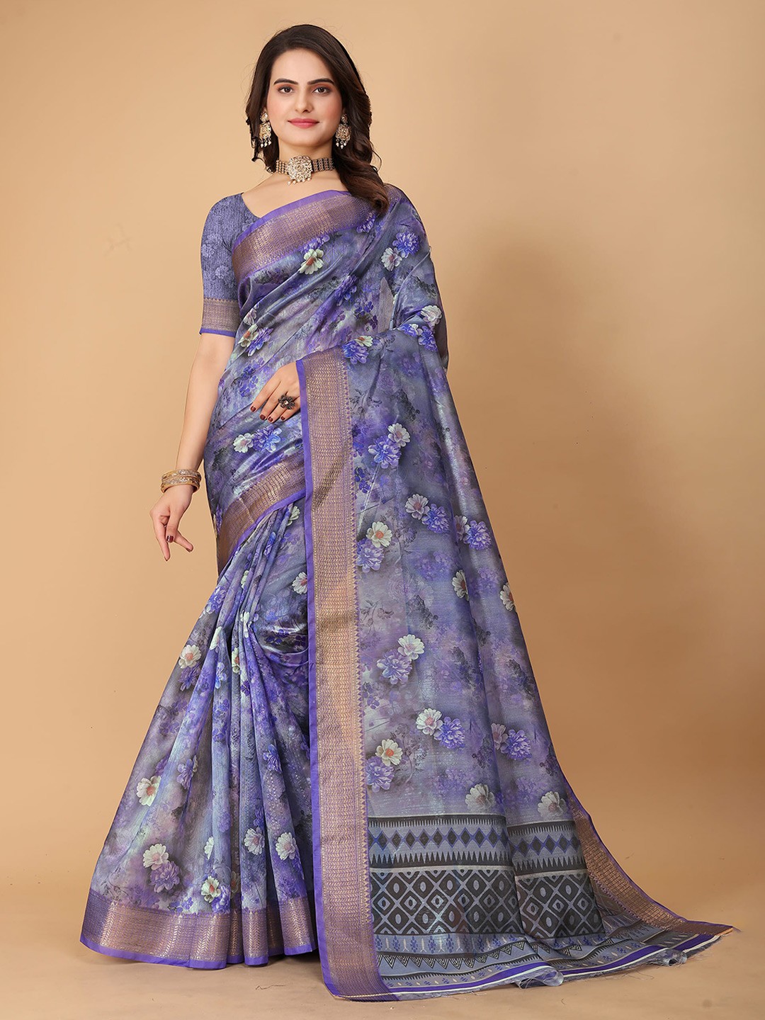 

SHAYRI Floral Printed Zari Organza Maheshwari Saree, Blue