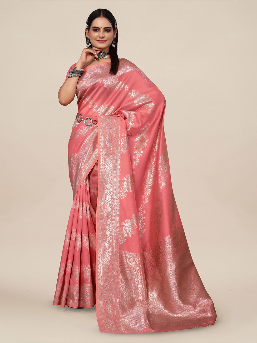 

SHAYRI Floral Woven Design Zari Banarasi Saree, Pink