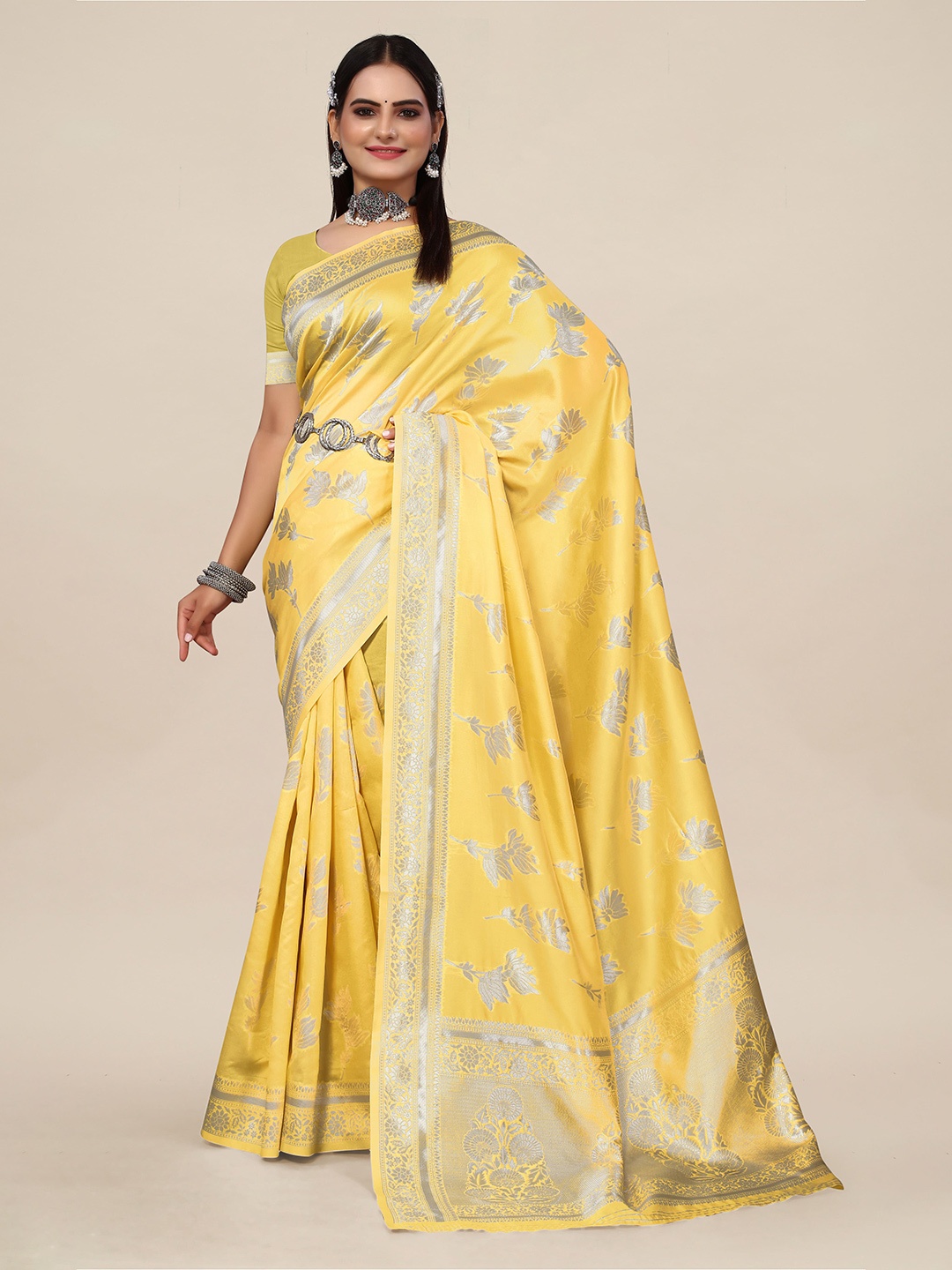

SHAYRI Floral Printed Zari Banarasi Saree, Yellow
