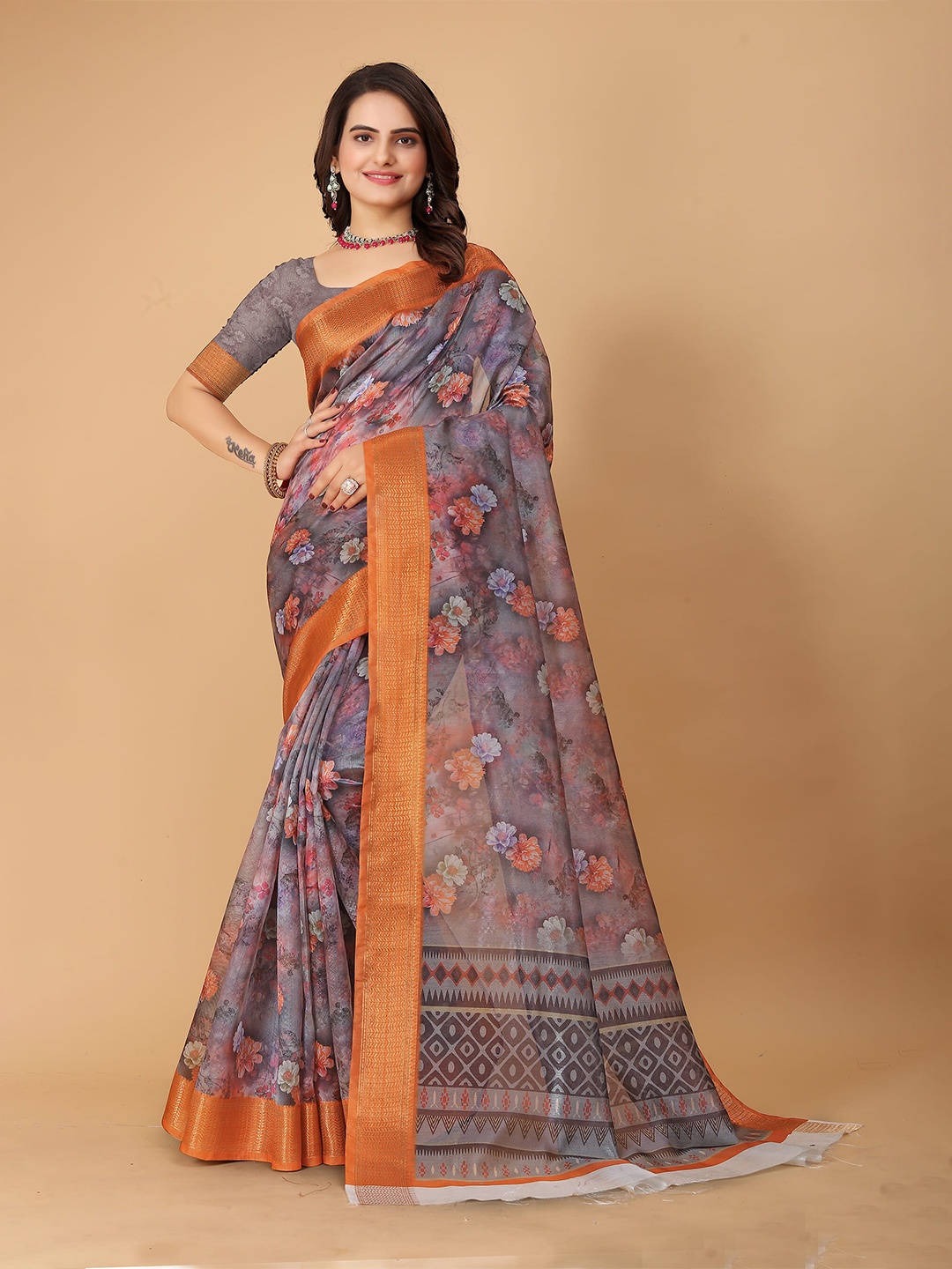 

SHAYRI Floral Printed Zari Organza Maheshwari Saree, Purple