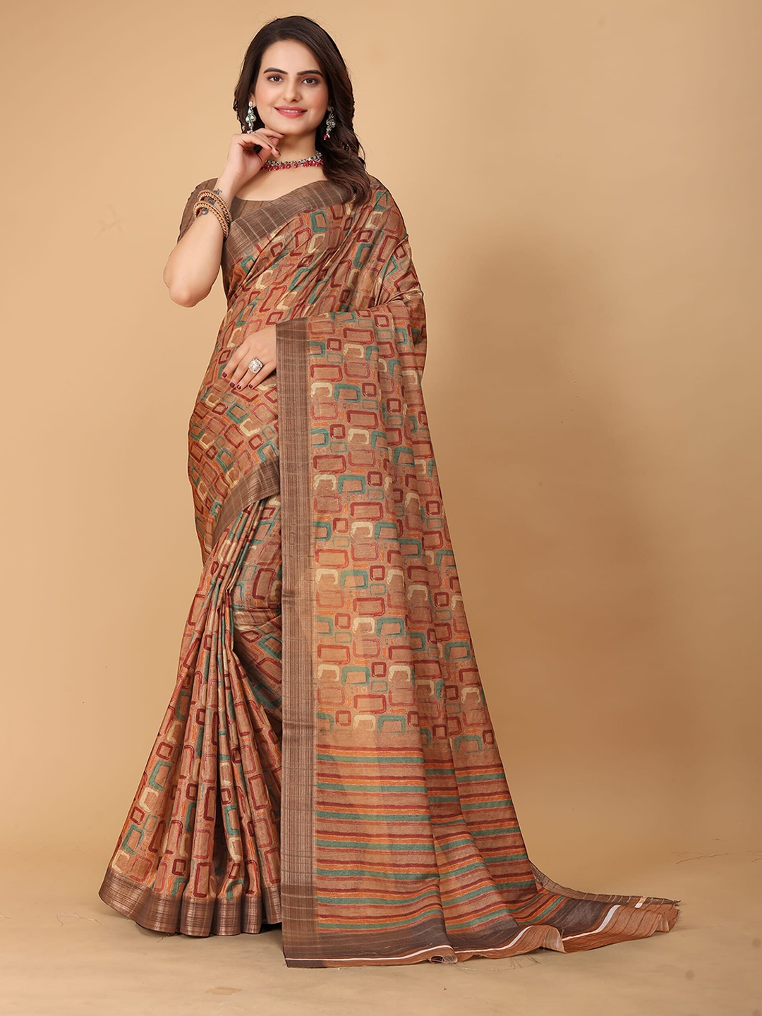 

SHAYRI Geometric Printed Silk Cotton Maheshwari Saree, Brown