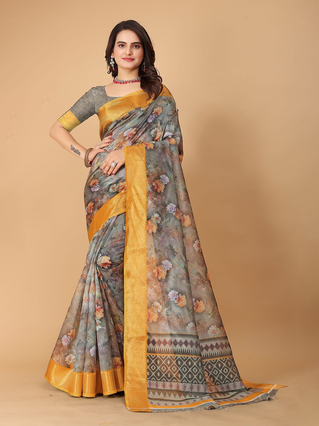 

SHAYRI Floral Printed Zari Organza Maheshwari Saree, Green