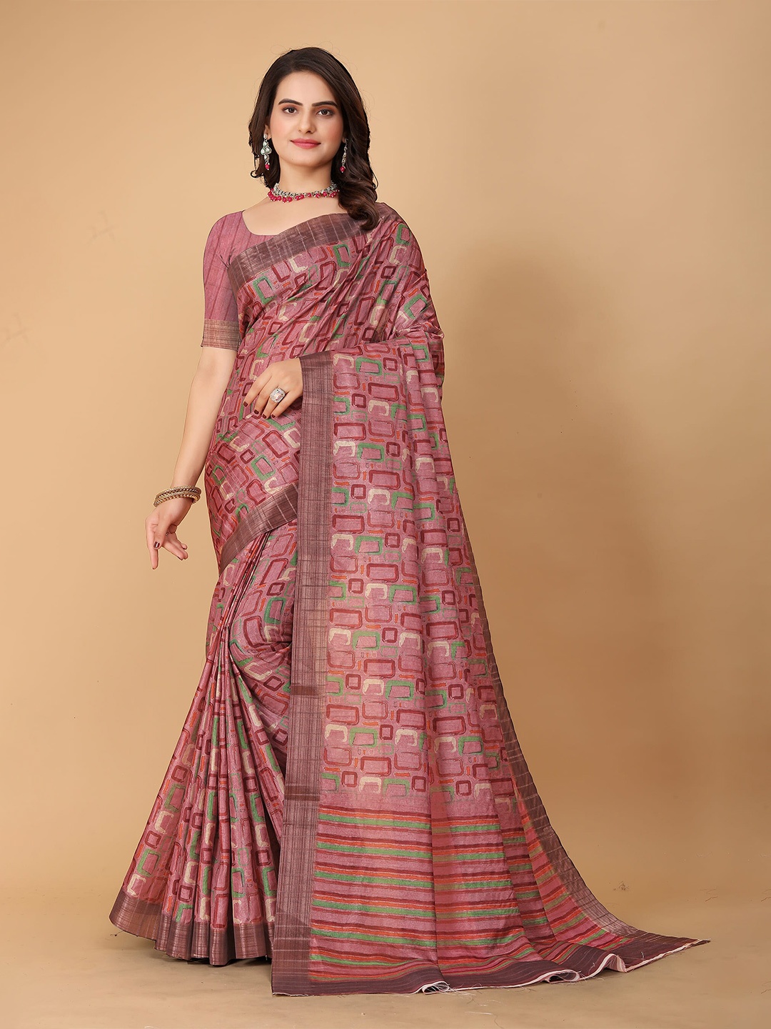 

SHAYRI Geometric Printed Silk Cotton Maheshwari Saree, Pink