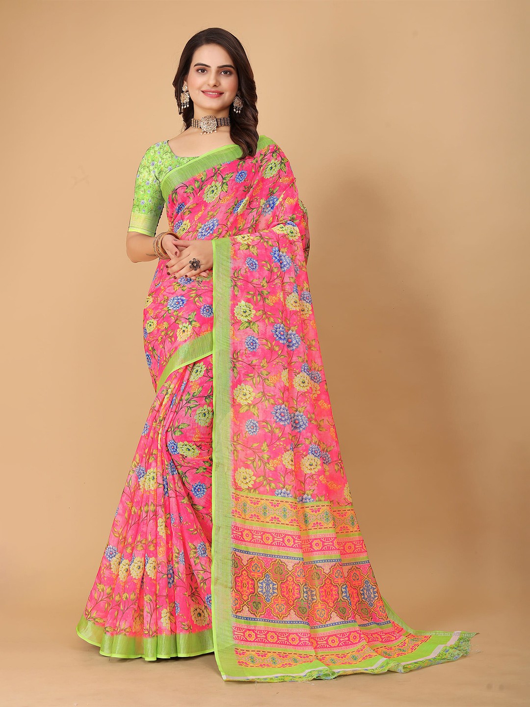 

SHAYRI Floral Printed Maheshwari Saree, Pink