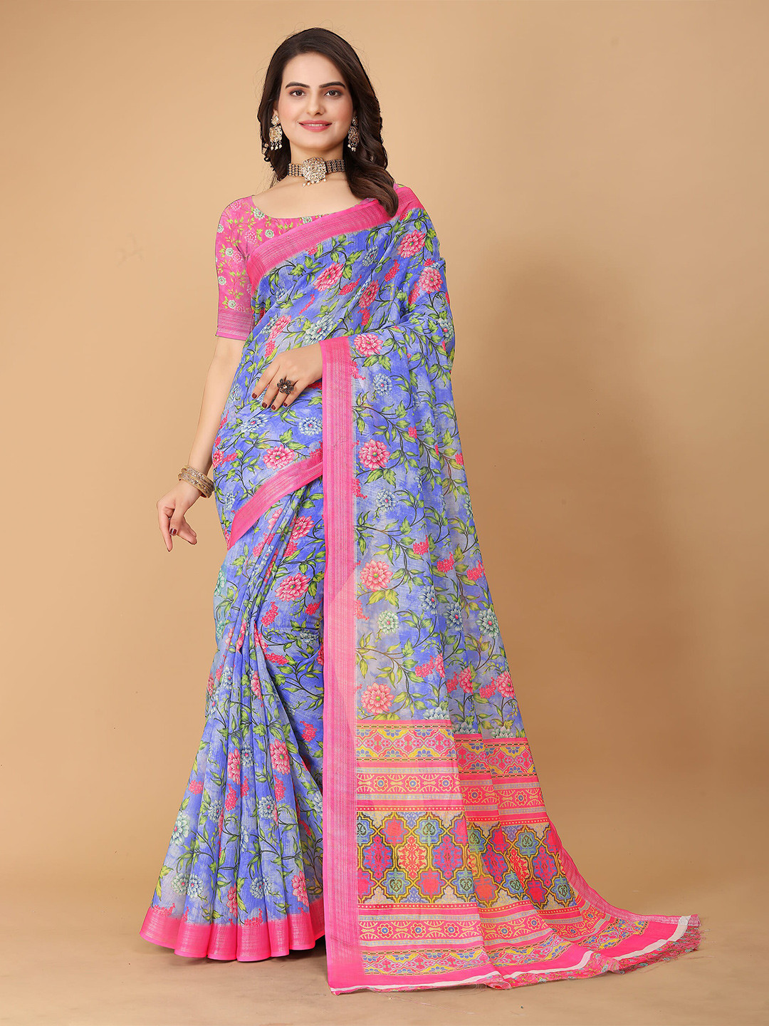 

SHAYRI Floral Printed Maheshwari Saree, Blue