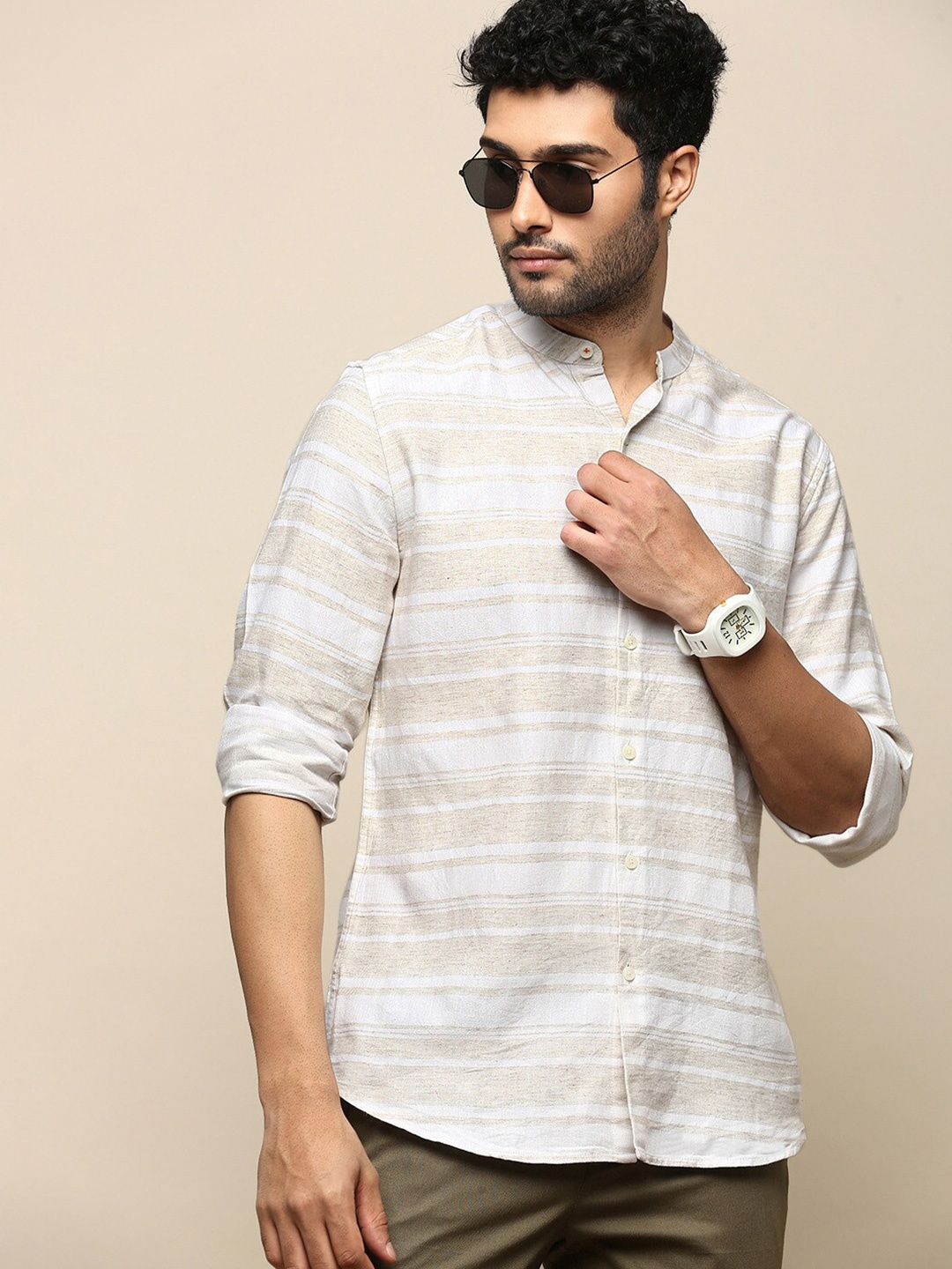 

INVICTUS Sport Slim Fit Horizontal Striped Cotton Casual Shirt, Beige