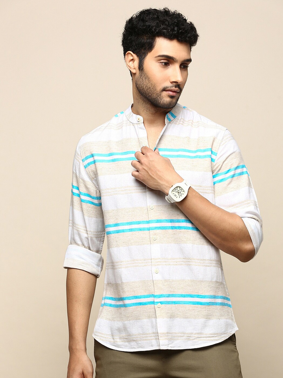 

INVICTUS Sport Slim Fit Horizontal Striped Cotton Casual Shirt, Beige