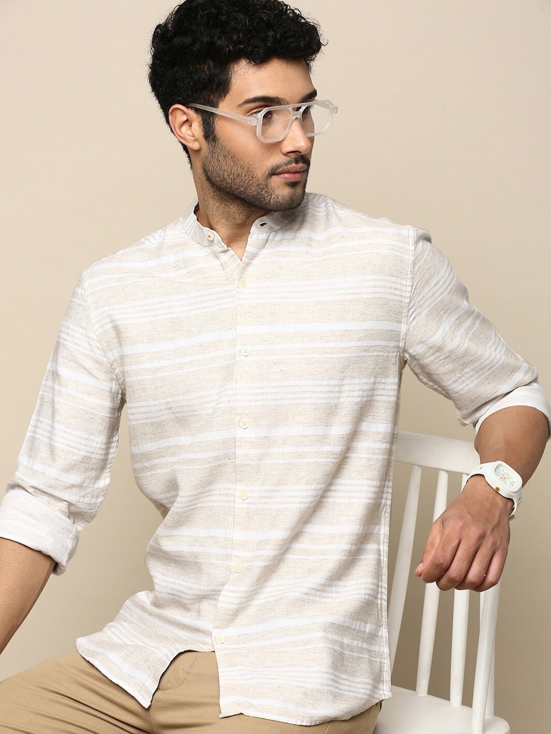 

INVICTUS Sport Slim Fit Horizontal Striped Mandarin Collar Cotton Casual Shirt, Beige
