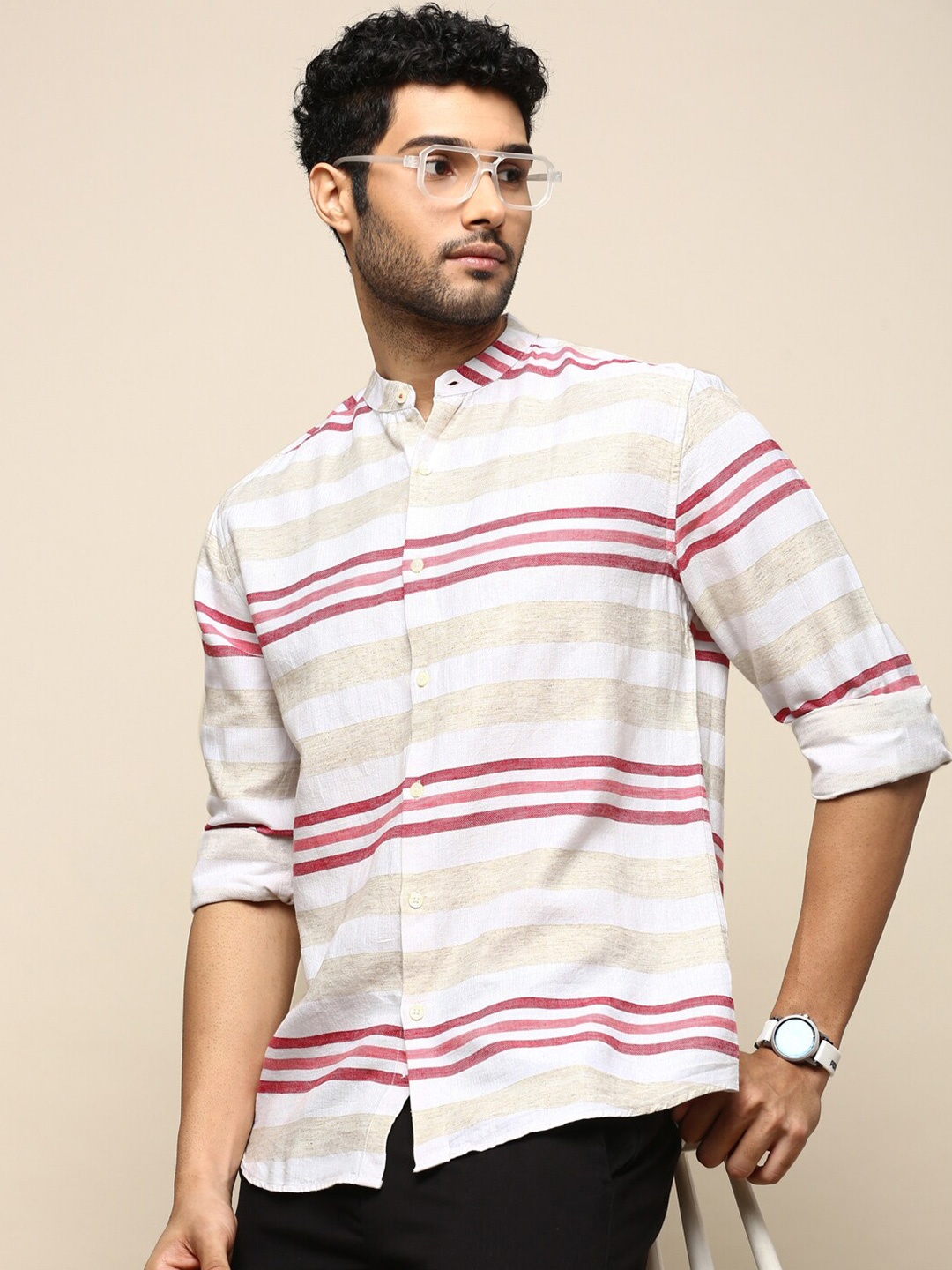 

INVICTUS Sport Slim Fit Horizontal Striped Cotton Casual Shirt, Beige