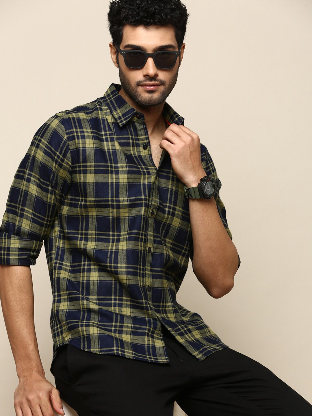 

INVICTUS Sport Slim Fit Tartan Checked Cotton Casual Shirt, Navy blue