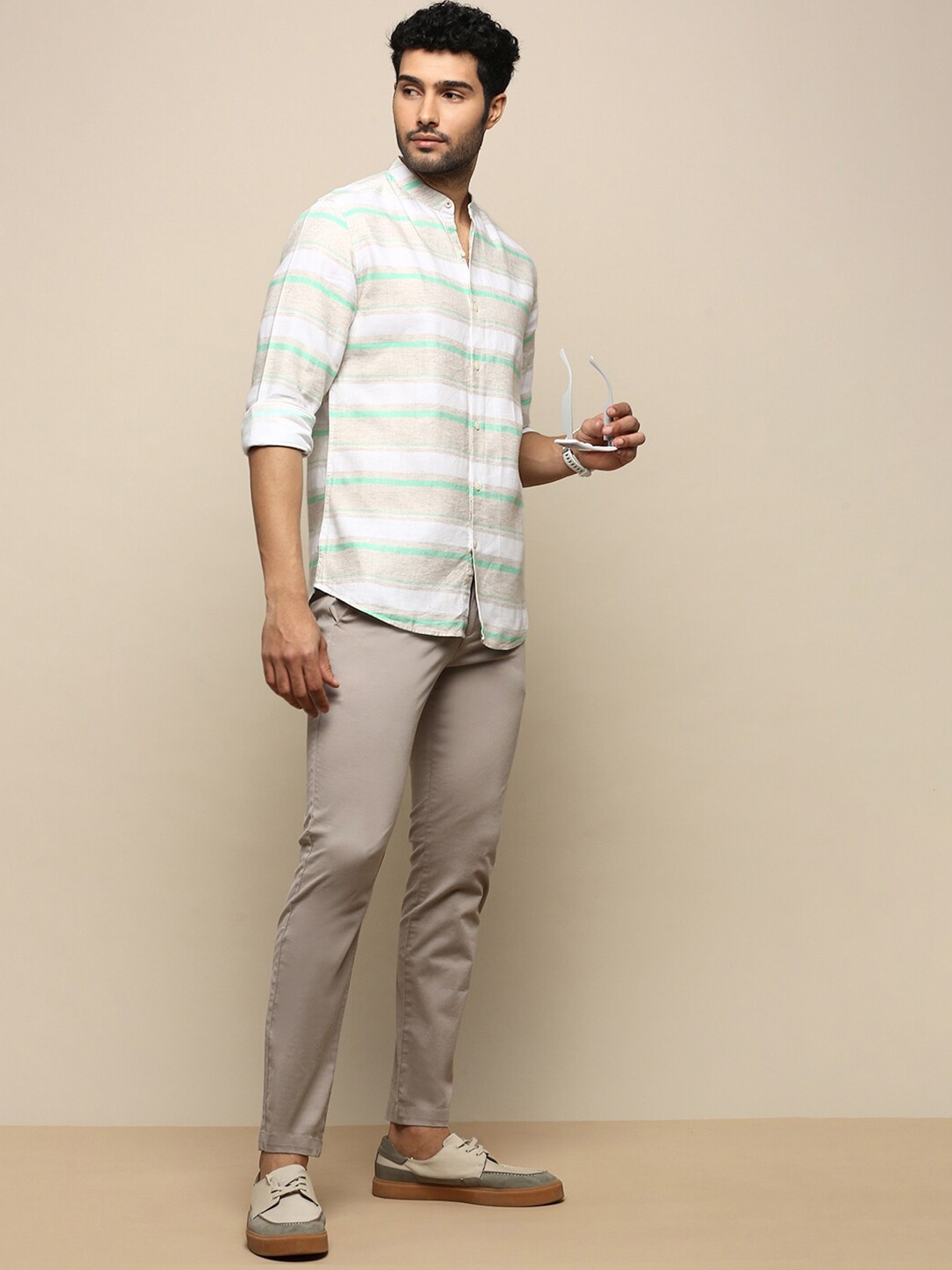INVICTUS Sport Slim Fit Horizontal Striped Cotton Casual Shirt, Beige