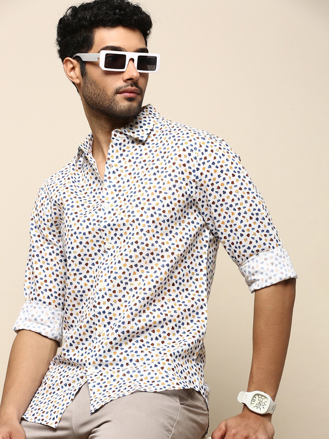 

INVICTUS Geometric Printed Club Slim Fit Cotton Casual Shirt, White