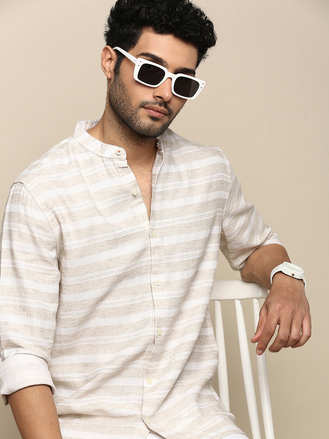 

INVICTUS Sport Slim Fit Horizontal Striped Cotton Casual Shirt, Beige