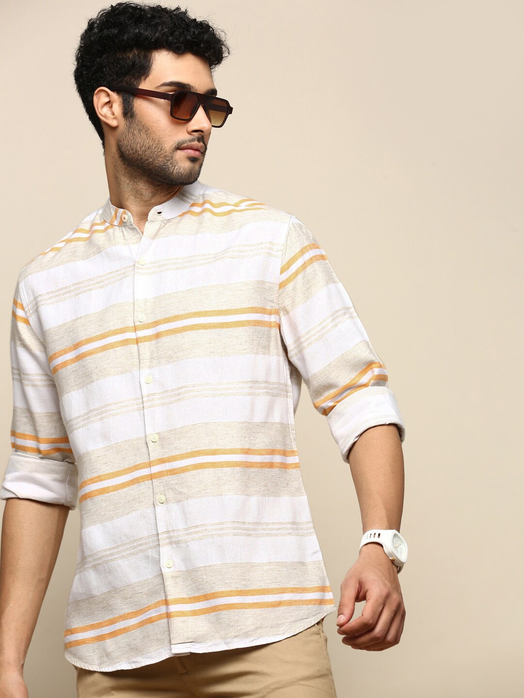 

INVICTUS Sport Slim Fit Horizontal Striped Cotton Casual Shirt, White