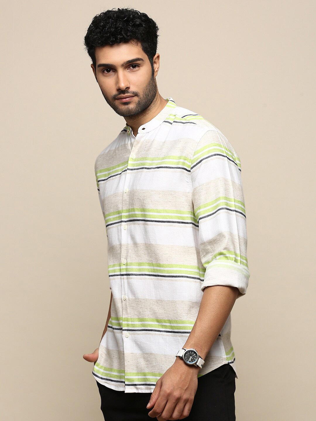 

INVICTUS Sport Slim Fit Horizontal Striped Cotton Casual Shirt, Off white