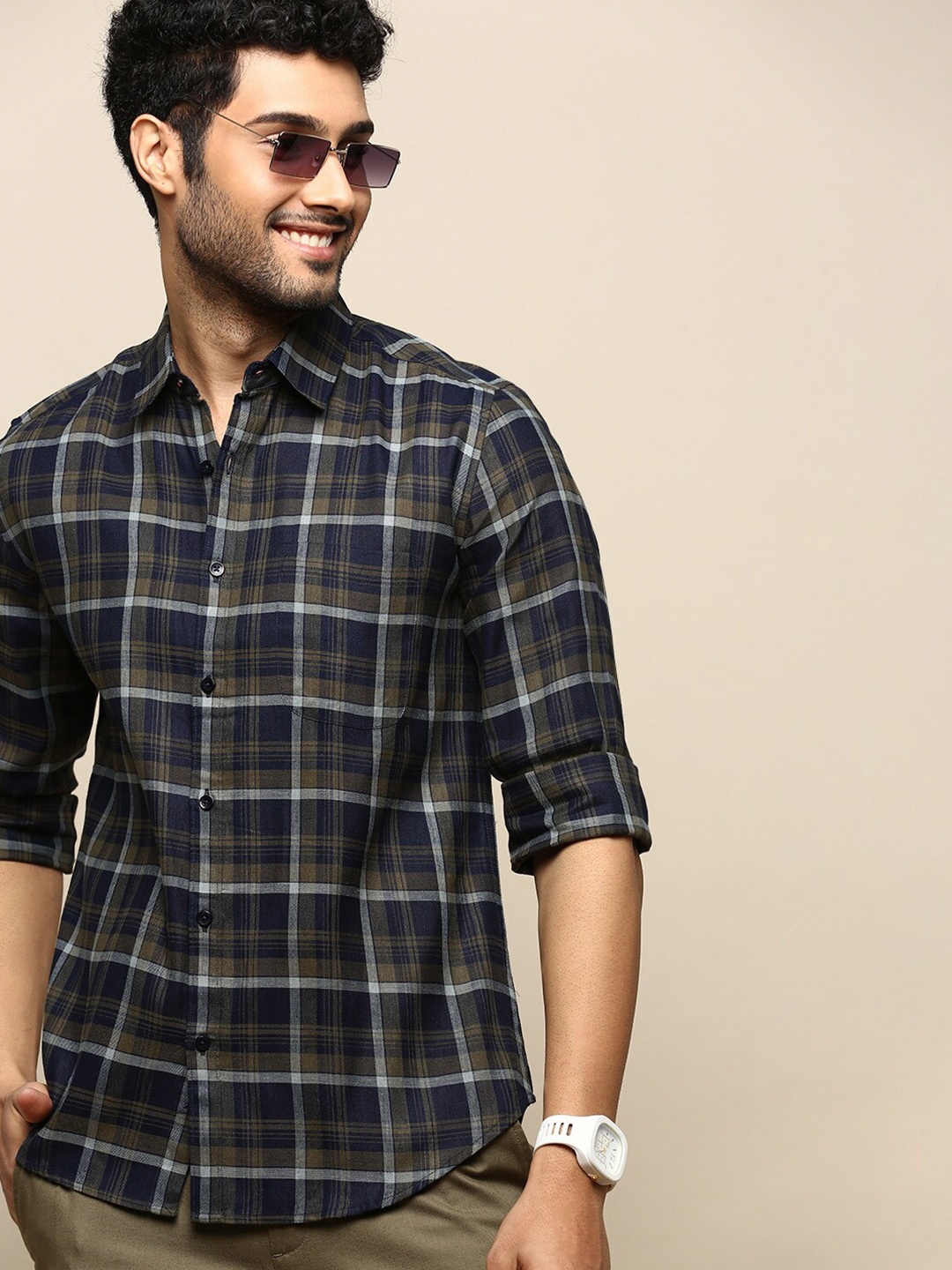 

INVICTUS Sport Slim Fit Tartan Checked Twill Weave Cotton Casual Shirt, Navy blue