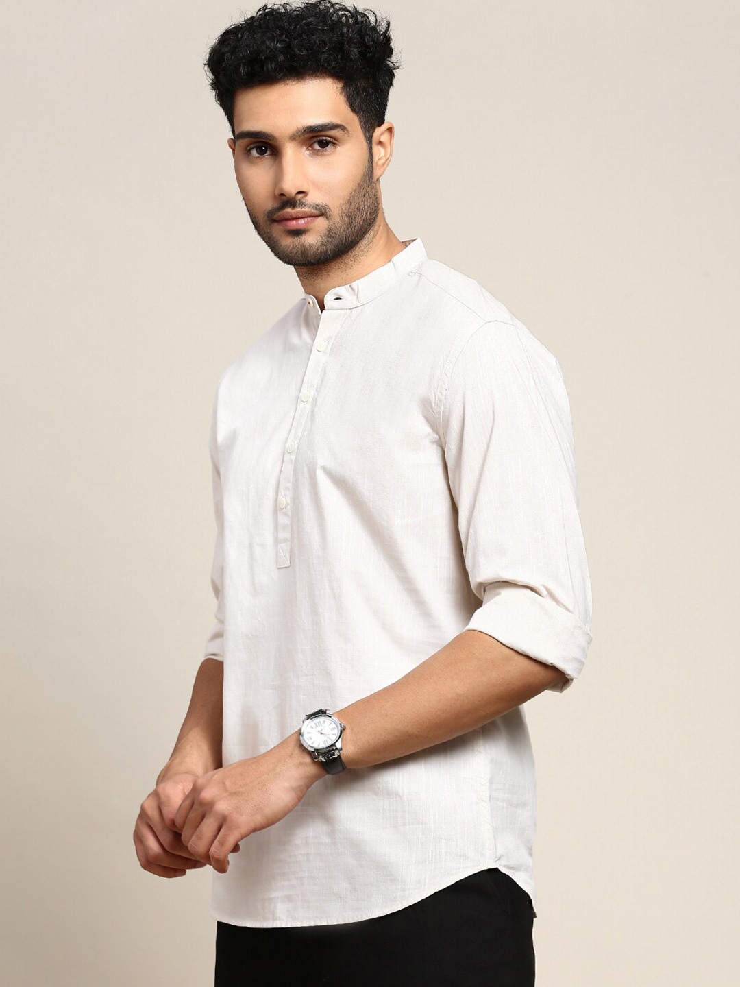 

INVICTUS Sport Slim Fit Band Collar Cotton Casual Shirt, Cream