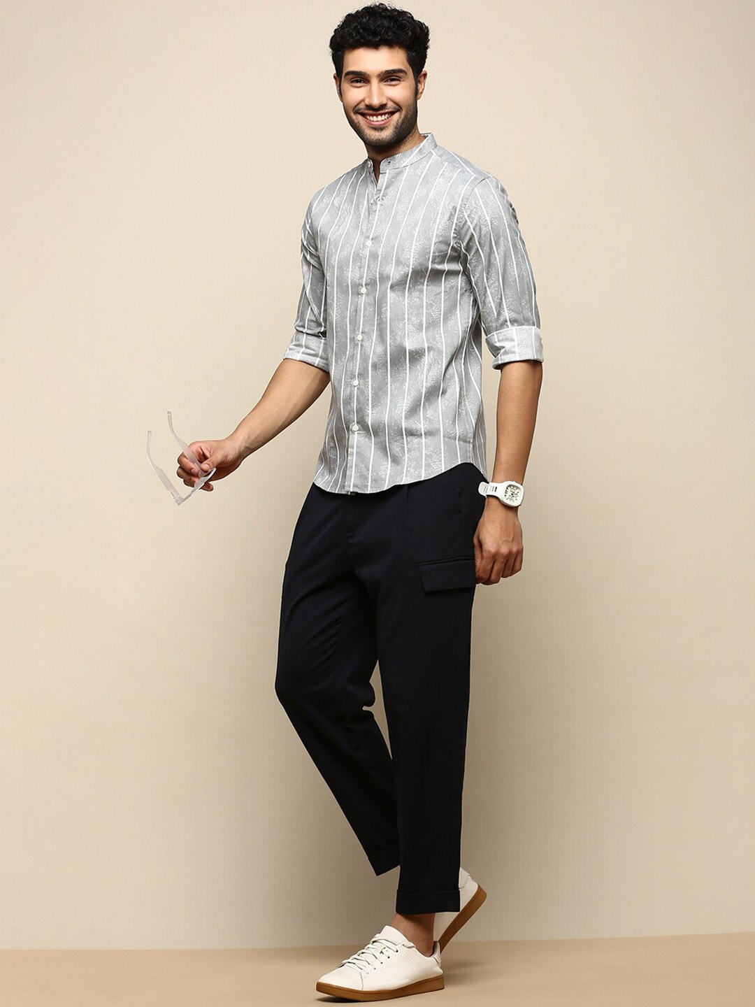 

INVICTUS Sport Slim Fit Striped Mandarin Collar Cotton Casual Shirt, Grey
