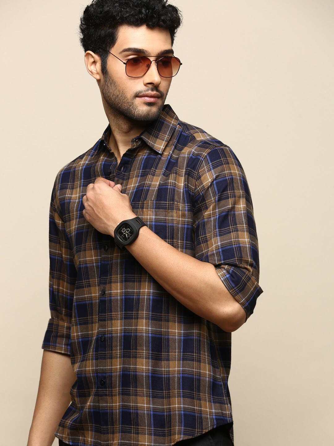 

INVICTUS Sport Slim Fit Tartan Checks Twill Weave Cotton Casual Shirt, Olive
