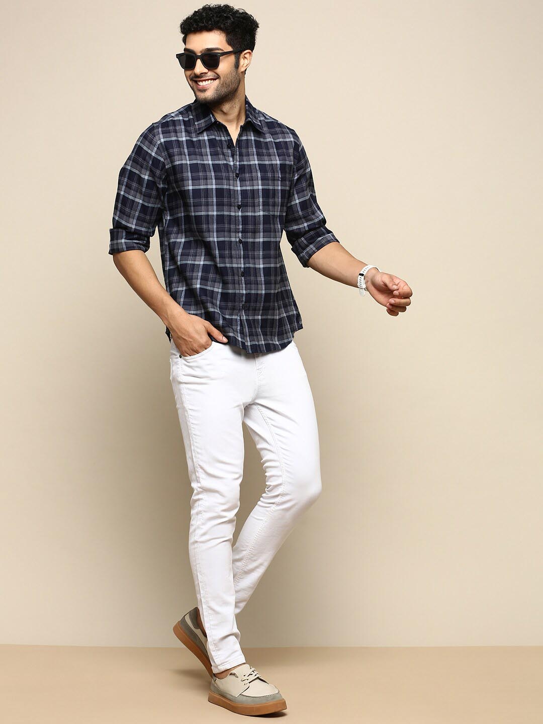 

INVICTUS Sport Slim Fit Tartan Checks Cotton Casual Shirt, Navy blue