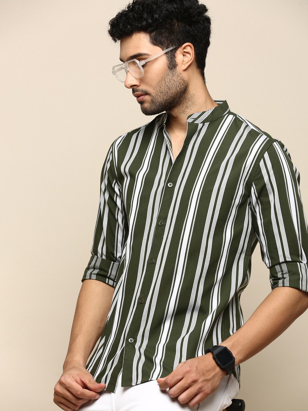 

INVICTUS Sport Vertical Stripes Slim Fit Cotton Casual Shirt, Green