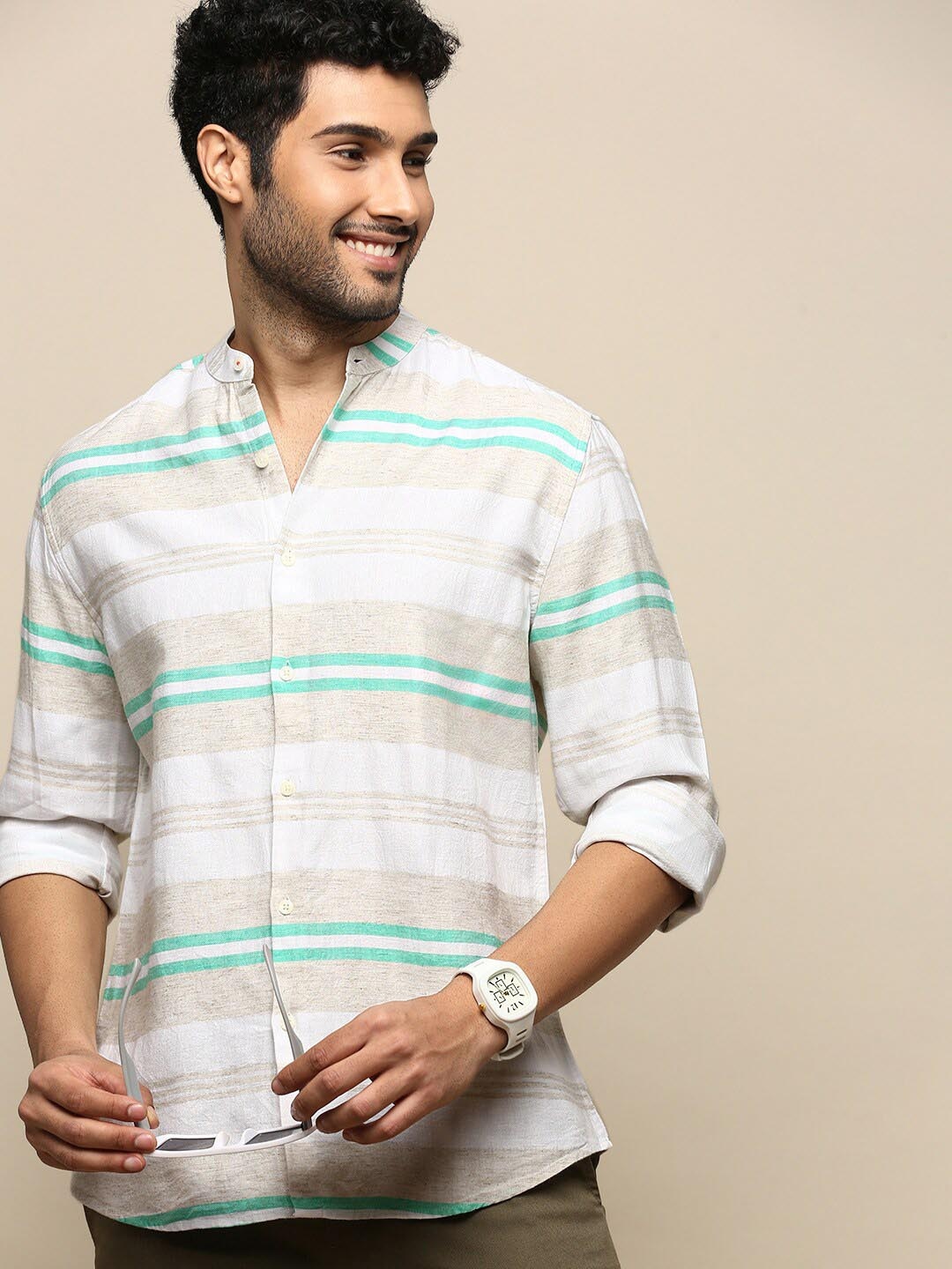 

INVICTUS Sport Slim Fit Horizontal Stripes Cotton Casual Shirt, Beige