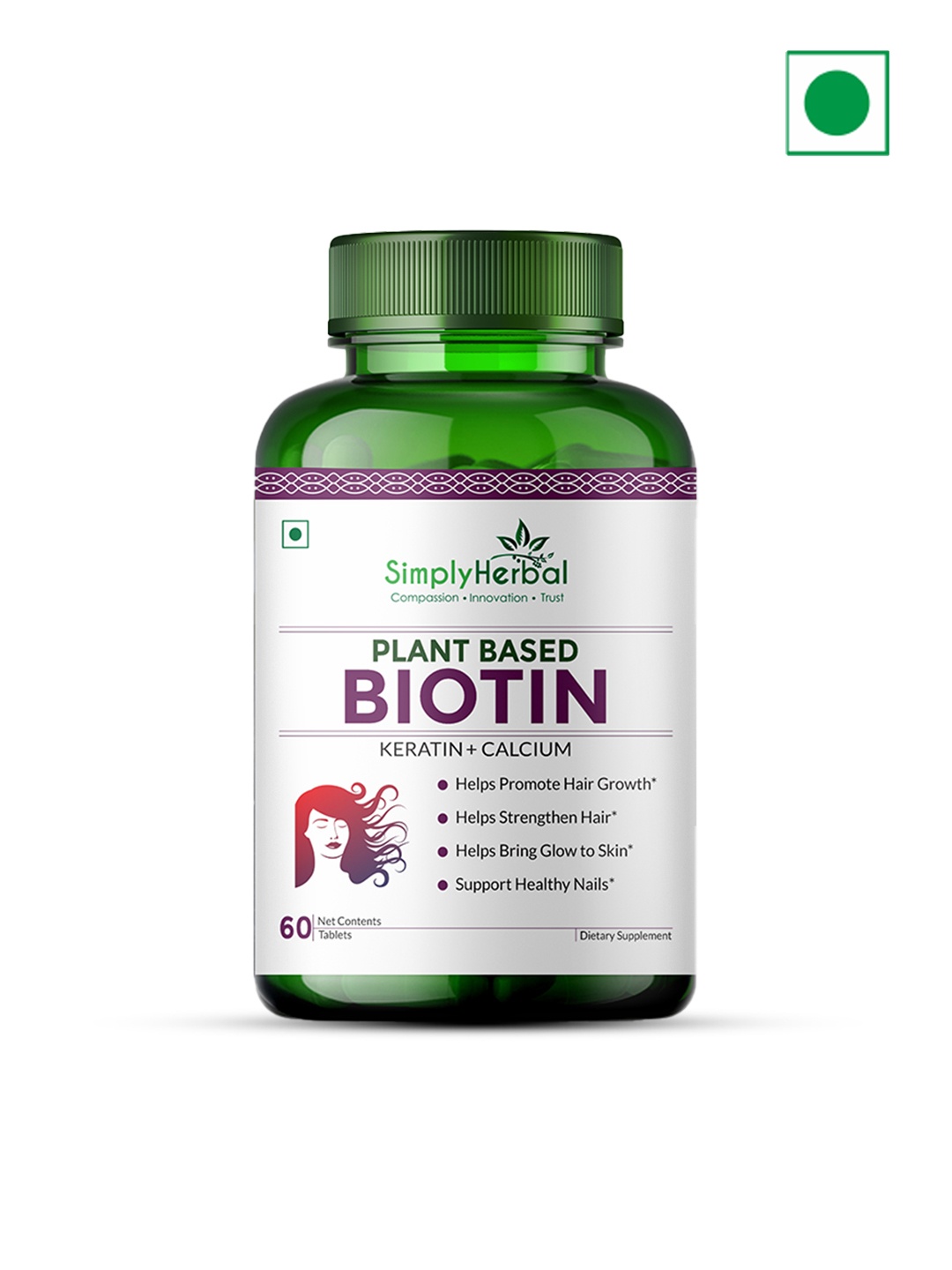 

Simply Herbal Plant Based Biotin Tablets With Keratin - 60 Tablets, Green