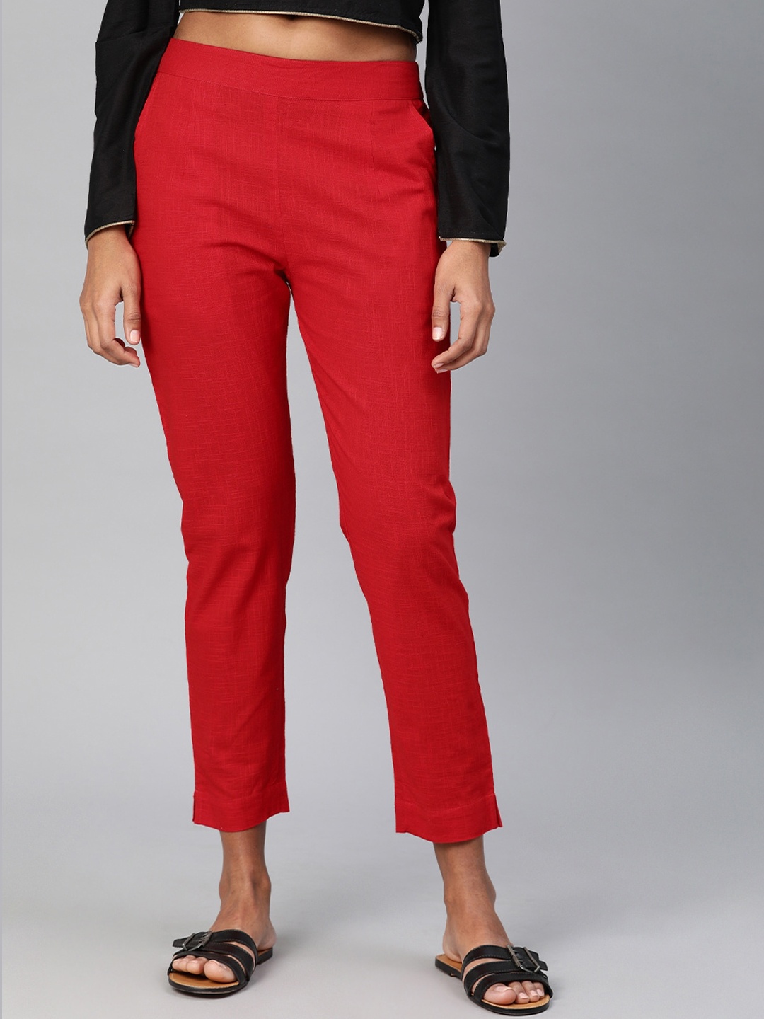 

KALINI Women Smart Slim Fit Cotton Trousers, Red