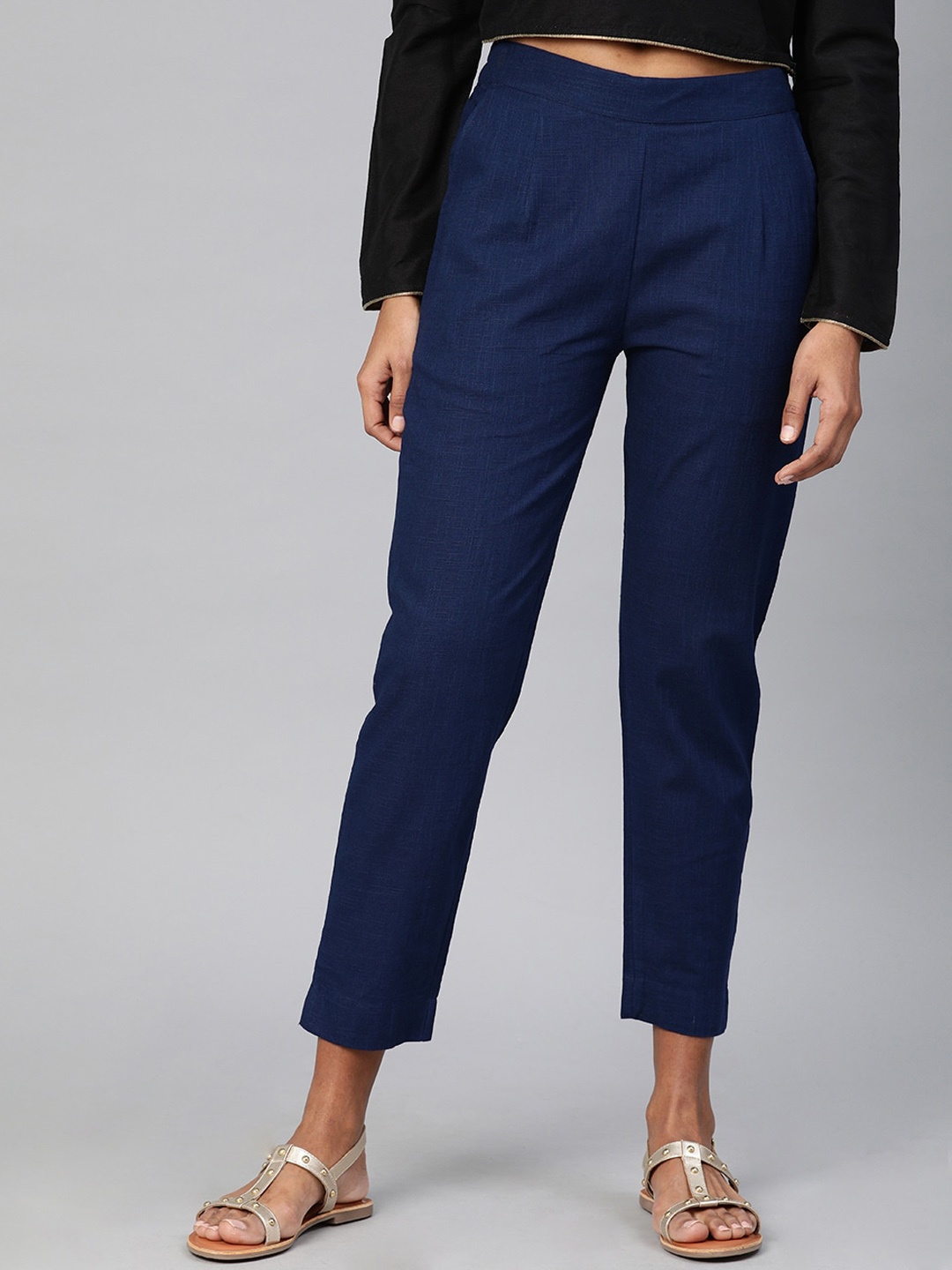 

KALINI Women Smart Slim Fit Cotton Trousers, Navy blue