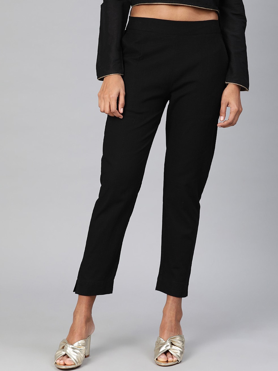 

KALINI Women Smart Mid-Rise Cotton Slim Fit Trousers, Black
