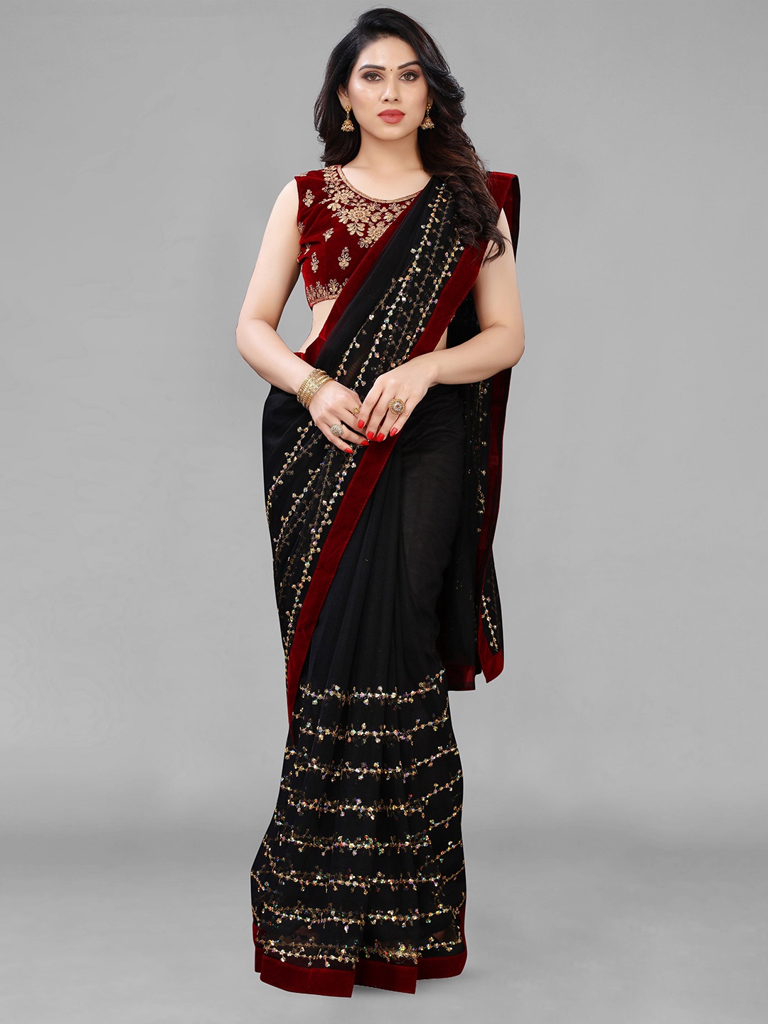 

Ashiya Fab Embellished Sequinned Net Saree, Black