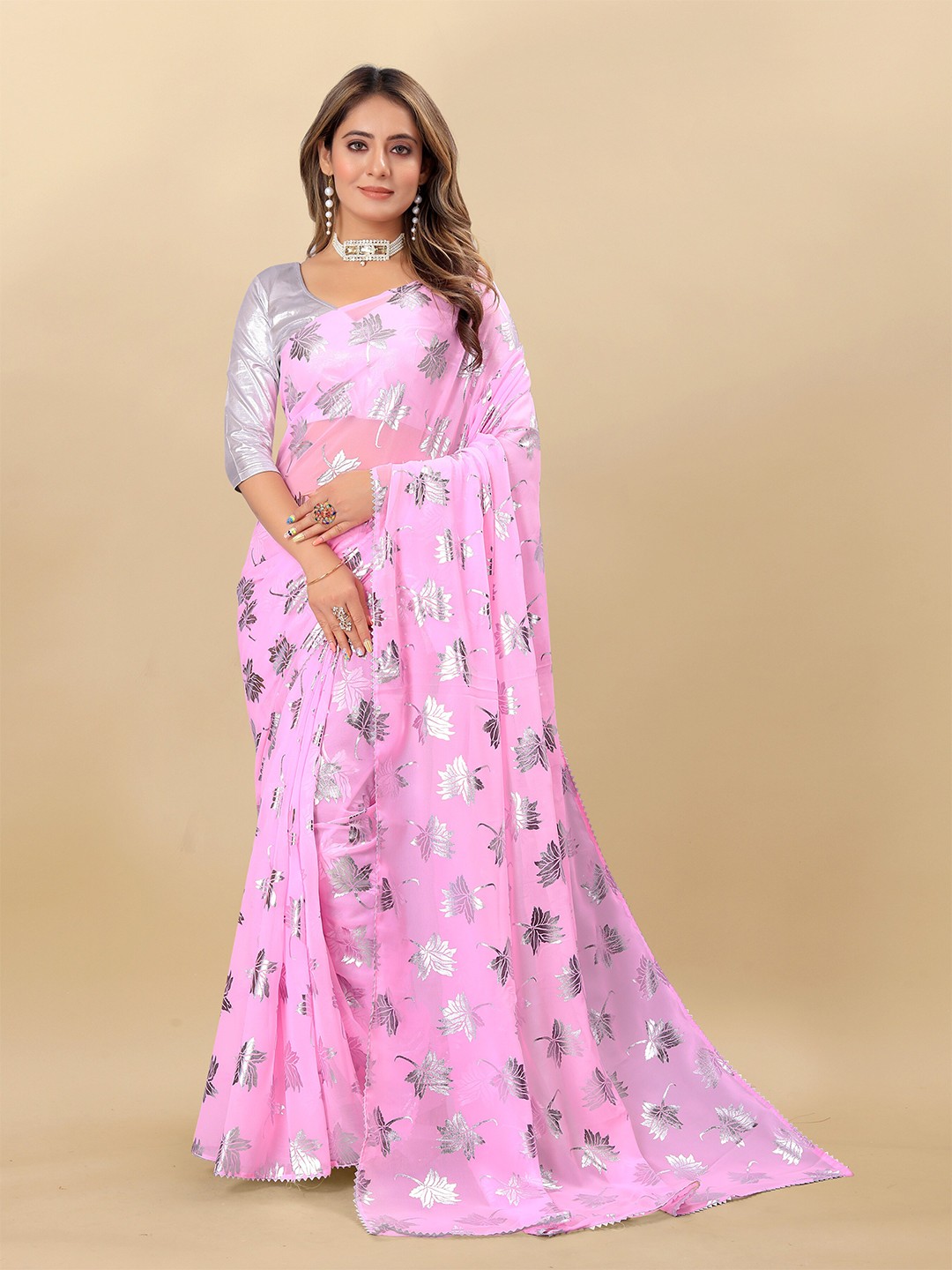 

Rhey Floral Printed Pure Georgette Fusion Saree, Pink