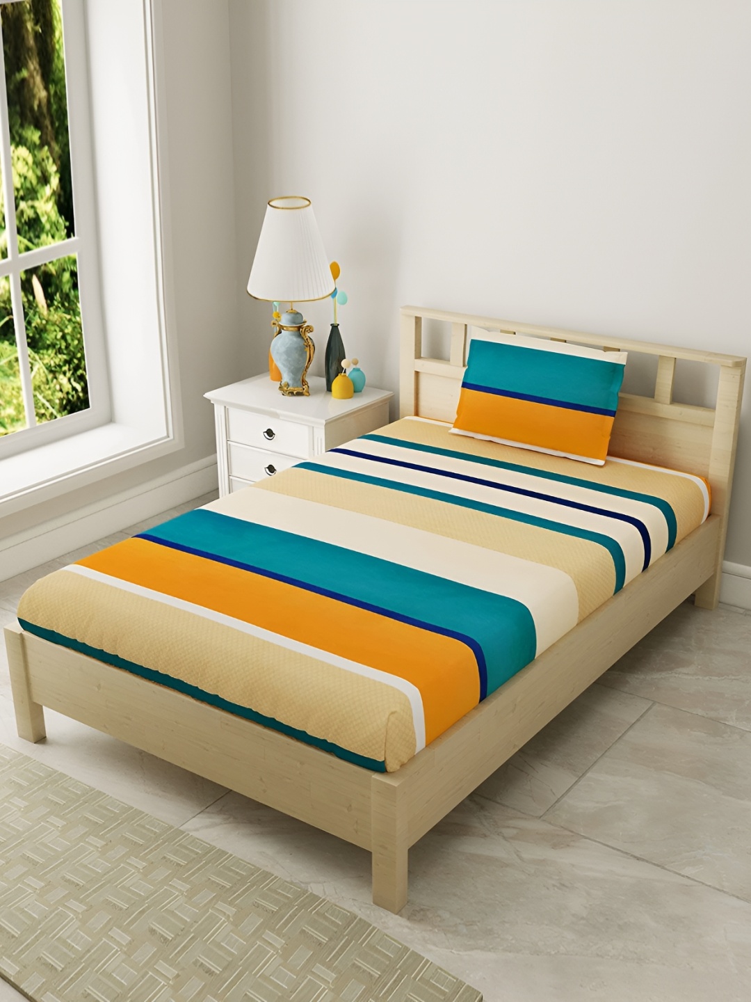

RRC Orange & Blue Striped 144 TC Single Bedsheet with 1 Pillow Cover