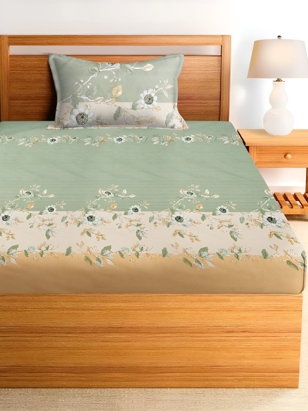 

RRC Green & Peach Floral Printed 144 TC Single Bedsheet with 1 Pillow Cover