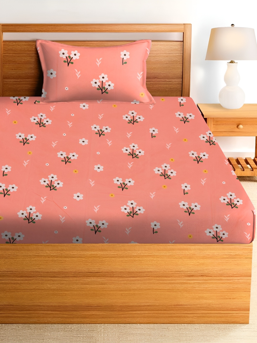 

RRC Peach Floral 144 TC Single Bedsheet Set